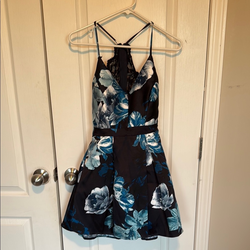 Floral Halter Dress - Black and Blue